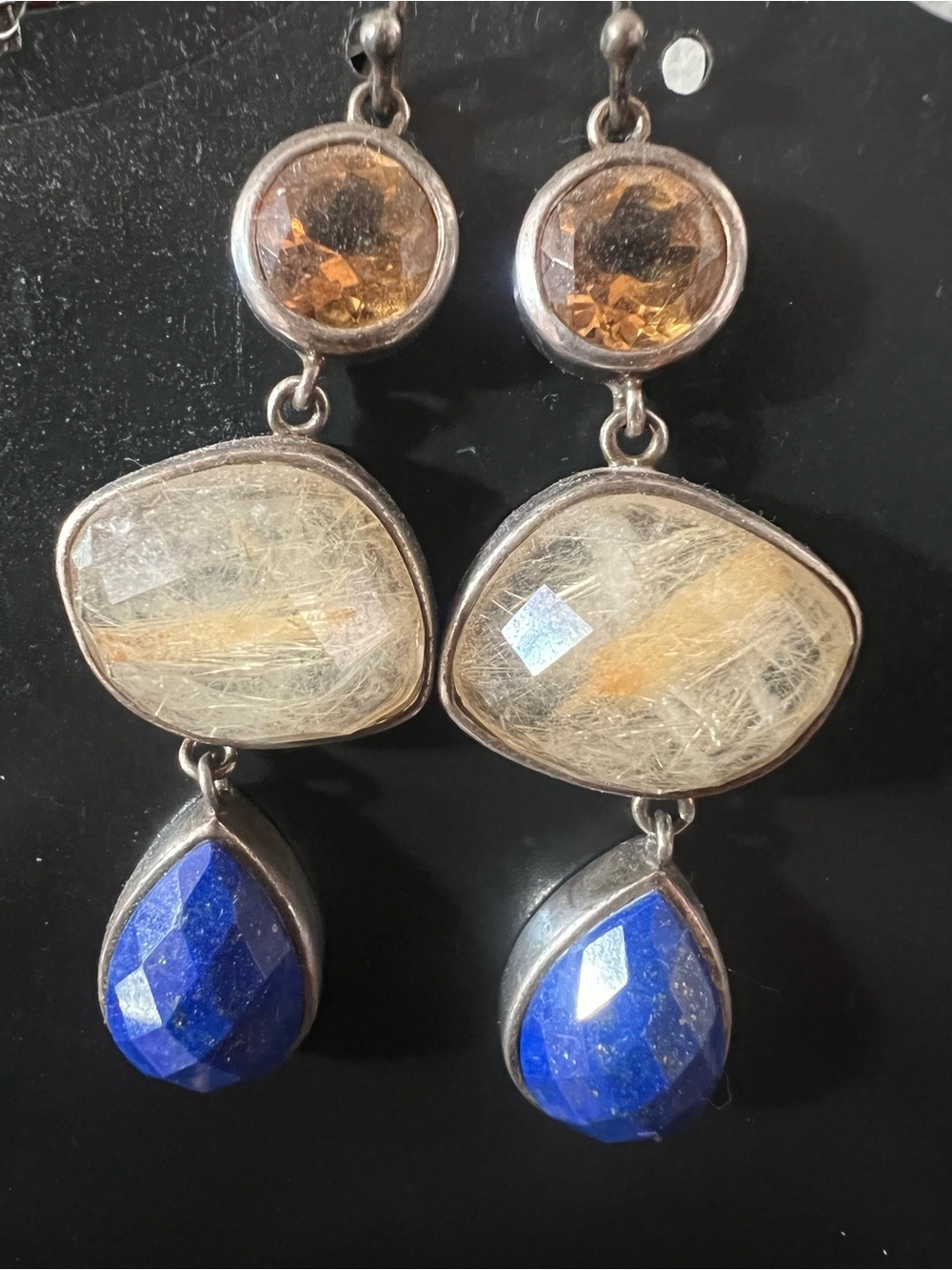 Vintage sterling silver Lapis,Golden rutile quartz and citrine fishhook dangles